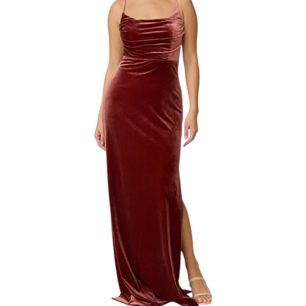 Women's Revelry Skye Velvet Dress Terracotta Fitted Slip Gown Cowl Neck Slits 0